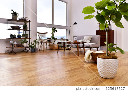 Bright living room, wooden flooring, table and sofa, room with potted plants Bright living room, wooden flooring, table and sofa, room with potted plants 125618527