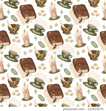 Cottagecore Seamless Pattern with Boho Witchy Elements and Cozy Tea Cottagecore Seamless Pattern with Boho Witchy Elements and Cozy Tea 125618570
