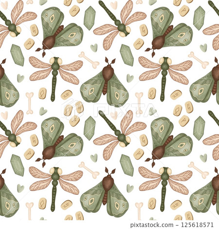 Green Moth and Dragonfly Seamless Pattern in Boho Cottagecore Style 125618571