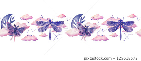 Watercolor Cosmic Moths and Dragonflies Border 125618572