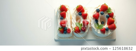 Celebration cake shaped as the number 100 decorated with fresh strawberries and blueberries 125618632