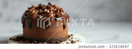 Chocolate cake with glossy ganache and decorative frosting sits on a marble surface during a soft light ambiance 125618647
