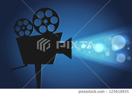 Cinema movie banner with abstract turned on movie projector and shiny light on blue background. Movie film premiere template Cinema movie banner with abstract turned on movie projector and shiny light on blue background. Movie film premiere template 125618935