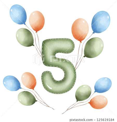 Number 5 with colorful balloons. Watercolor illustration of . Hand-drawn birthday design for children, party decor, festive nursery art, isolated on white background 125619184
