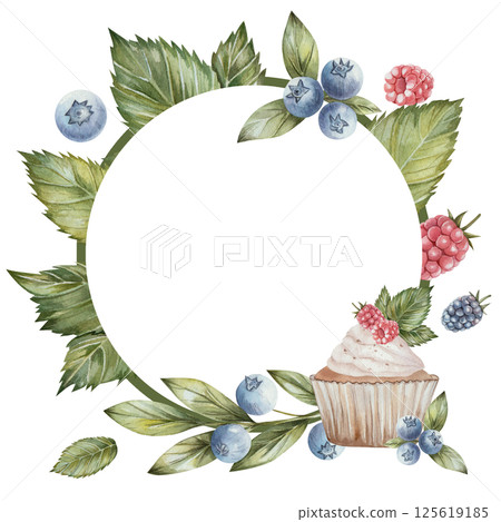 Round frame with green leaves, cupcake with raspberries, blueberries, space for text. charming design is perfect in invitations, cards, recipe templates, birthday announcements, wedding stationery. 125619185