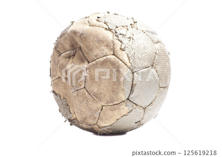 old leather soccer ball isolated on white background 125619218