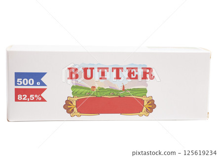 Stick of wrapped butter isolated on white background. Stick of wrapped butter isolated on white background. 125619234