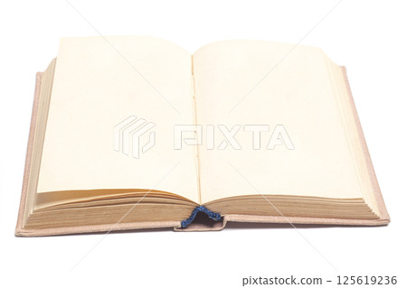 Open old book isolated on white background. 125619236