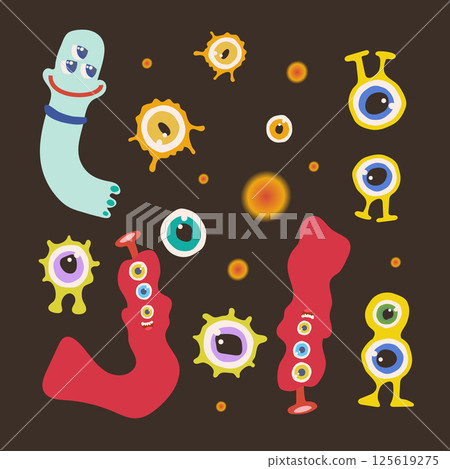 Set of colorful funny aliens and eyes. Vector illustration on a brown background 125619275