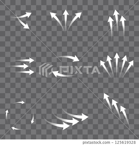 Set of white arrows showing air flow direction, isolated on transparent background. 125619328