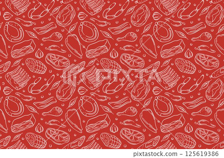 Seamless pattern with line art meat steak, sausage, bacon, drumstick, garlic, chili. herbs and spices on red background. Great for butcher shop, deli packaging or kitchen design. Seamless pattern with line art meat steak, sausage, bacon, drumstick, garlic, chili. herbs and spices on red background. Great for butcher shop, deli packaging or kitchen design. 125619386
