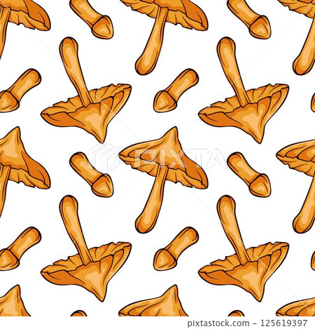 Seamless pattern of mushroom Deadly webcap in cartoon style for textile and decor. Decorative backdrop for wallpaper, wrapping, fabric. Vector illustration on a white background. Seamless pattern of mushroom Deadly webcap in cartoon style for textile and decor. Decorative backdrop for wallpaper, wrapping, fabric. Vector illustration on a white background. 125619397