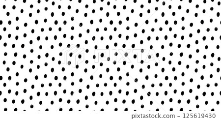 Polka dot horizontal seamless pattern in black and white. Hand drawn vector design with rough inked dots and grungy texture. Perfect for print, fabric, or packaging. To use, drag into swatches panel. 125619430