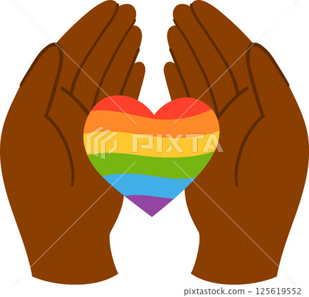 Opened Black Palms Holding Rainbow Heart in Its Isolated on White. LGBTQ+ Pride Symbol Celebrating Love, Inclusion, and Diversity. Colorful Illustration of Hands for Pride Month and Equality Themes 125619552