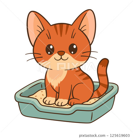 Cute ginger tabby kitten sitting comfortably in a litter box. Flat style Chibi cat Cute ginger tabby kitten sitting comfortably in a litter box. Flat style Chibi cat 125619603