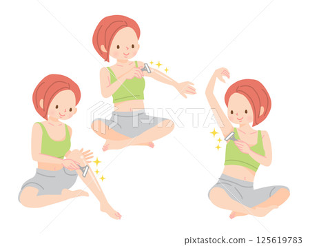 Illustration set of a woman removing hair with a razor 125619783