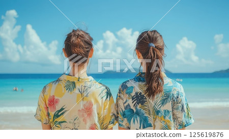 兩名身穿夏威夷襯衫的女子望著大海_2 兩名身穿夏威夷襯衫的女子望著大海_2 125619876