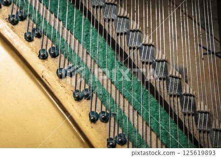 Old piano strings close up. Stringed musical instrument, sound, tuning, music concept 125619893