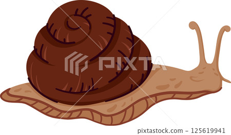 Cute Brown Garden Snail with Spiral Shell and Tentacles Crawling. Hand Drawn Wild Mollusk Isolated Without Background. Adorable Slow Creature for Nature or Animal Designs 125619941