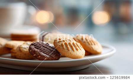 咖啡館窗口供應的各種新鮮出爐的餅乾|光散景效果 咖啡館窗口供應的各種新鮮出爐的餅乾|光散景效果 125619984