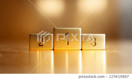 A golden podium with 1st, 2nd and 3rd place engraved on it at the glamorous awards ceremony | Winner's Stage 125619987