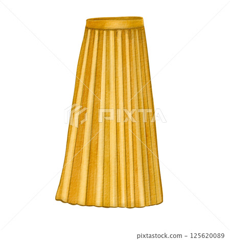 Yellow pleated midi skirt. Watercolor illustration of elegant classic clothing. Feminine and retro fashion item for catalogs and design projects. Great for postcards, stickers, and web content. 125620089