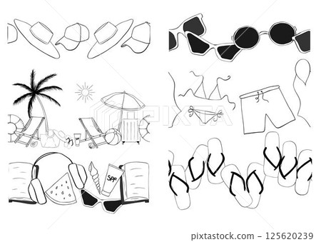 Beach essentials Vector horizontal seamless border set. Vector graphic line ink illustration. for package, vacation design, fabric and textile. logo, web, package, sticker. Beach essentials Vector horizontal seamless border set. Vector graphic line ink illustration. for package, vacation design, fabric and textile. logo, web, package, sticker. 125620239