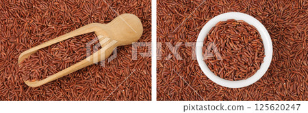 red rice in a wooden scoop and ceramic bowl as a background. Top view. Flat lay red rice in a wooden scoop and ceramic bowl as a background. Top view. Flat lay 125620247