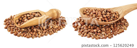 Raw buckwheat in wooden scoop and spoon isolated on white background Raw buckwheat in wooden scoop and spoon isolated on white background 125620249
