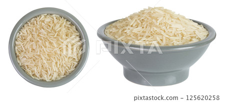 rice basmati in a ceramic bowl isolated on white background. Top view. Flat lay 125620258