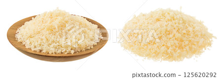 grated parmesan cheese in wooden bowl isolated on white background 125620292