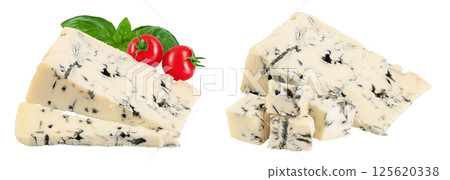 Blue cheese gorgonzola isolated on white background with full depth of field. 125620338