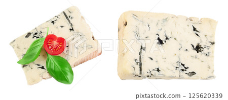 Blue cheese gorgonzola isolated on white background with full depth of field. Top view. Flat lay. 125620339