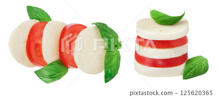 Mozzarella cheese sliced with basil leaf and tomato isolated on white background. Top view. Flat lay 125620365