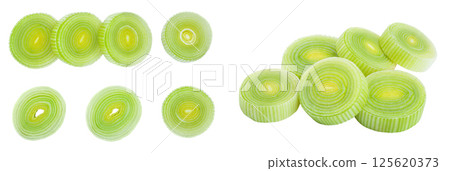 sliced Leek vegetable isolated on white background. Top view. Flat lay sliced Leek vegetable isolated on white background. Top view. Flat lay 125620373