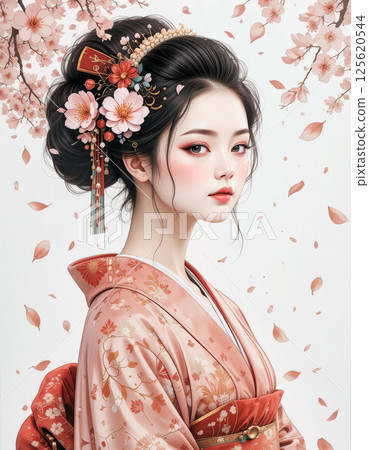 beautiful woman traditional kimono surrounded by cherry blossoms. Her elegant hairstyle features floral accessories 125620544