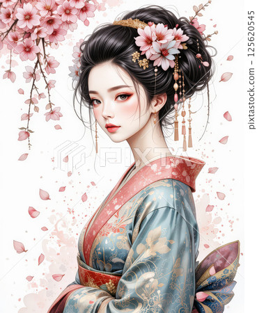 beautiful woman in traditional kimono surrounded by cherry blossoms, exuding elegance and grace 125620545