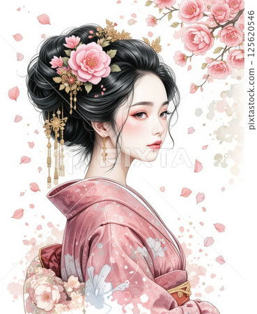 Elegant woman in traditional attire with floral accents and soft features 125620546