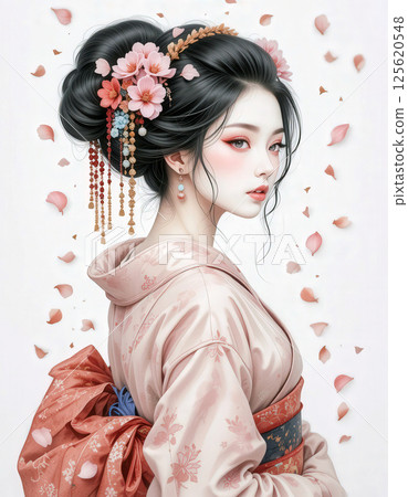 beautiful woman in traditional kimono adorned with flowers, surrounded by petals 125620548