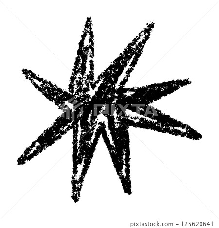 Hand-drawn star and heart icons with crayon, chalk, and scribble strokes. Playful doodle shapes for kids, music, and cartoon designs. Flat vector illustration isolated on white background. 125620641