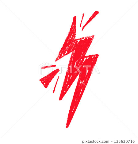 Red Hand draw thunder bolt with zappy doodle lines. Electric lightning flash energy symbol. Flat vector illustration isolated on white background. Red Hand draw thunder bolt with zappy doodle lines. Electric lightning flash energy symbol. Flat vector illustration isolated on white background. 125620716