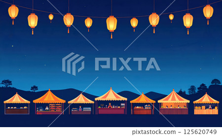A summer night scene with food stalls and lanterns [events, festivals] 125620749