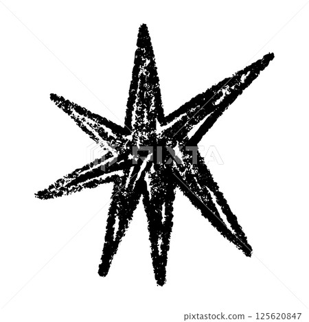 Hand-drawn star and heart icons with crayon, chalk, and scribble strokes. Playful doodle shapes for kids, music, and cartoon designs. Flat vector illustration isolated on white background. 125620847