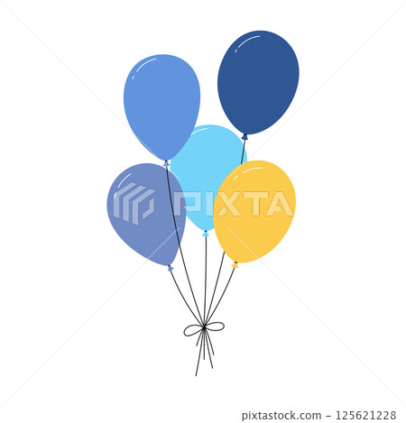 Bundle of balloons with strings, simple doodle outline, floating party decoration for birthday celebration. Flat vector illustration isolated on white background. Bundle of balloons with strings, simple doodle outline, floating party decoration for birthday celebration. Flat vector illustration isolated on white background. 125621228
