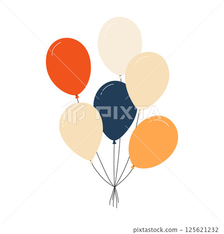 Bundle of colorful balloons with strings, floating party decoration in simple doodle style, birthday celebration icon. Flat vector illustration isolated on white background. Bundle of colorful balloons with strings, floating party decoration in simple doodle style, birthday celebration icon. Flat vector illustration isolated on white background. 125621232