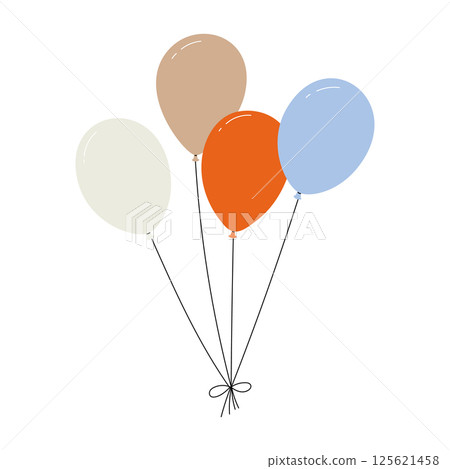 Bundle of colorful balloons with strings, floating party decoration in simple doodle style, birthday celebration icon. Flat vector illustration isolated on white background. 125621458