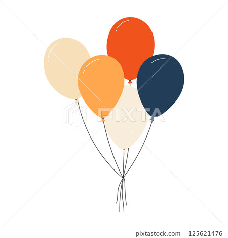 Bundle of colorful balloons with strings, floating party decoration in simple doodle style, birthday celebration icon. Flat vector illustration isolated on white background. Bundle of colorful balloons with strings, floating party decoration in simple doodle style, birthday celebration icon. Flat vector illustration isolated on white background. 125621476