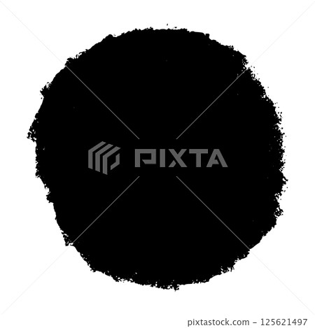 Abstract round brush stroke with rough ink texture and paint splash. Circular stamp shape for graphic design and logos. Flat vector illustration isolated on white background. 125621497