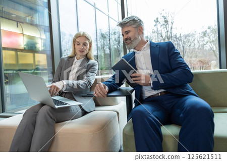 Business partners communicating sitting on sofa for professional discussion using laptop Business partners communicating sitting on sofa for professional discussion using laptop 125621511