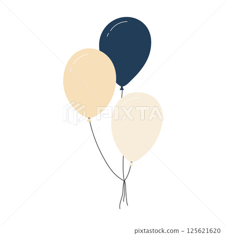 Bundle of colorful balloons with strings, floating party decoration in simple doodle style, birthday celebration icon. Flat vector illustration isolated on white background. 125621620